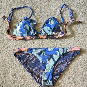 Maaji Blue and Pink Floral Bikini Top M Bottoms Size L